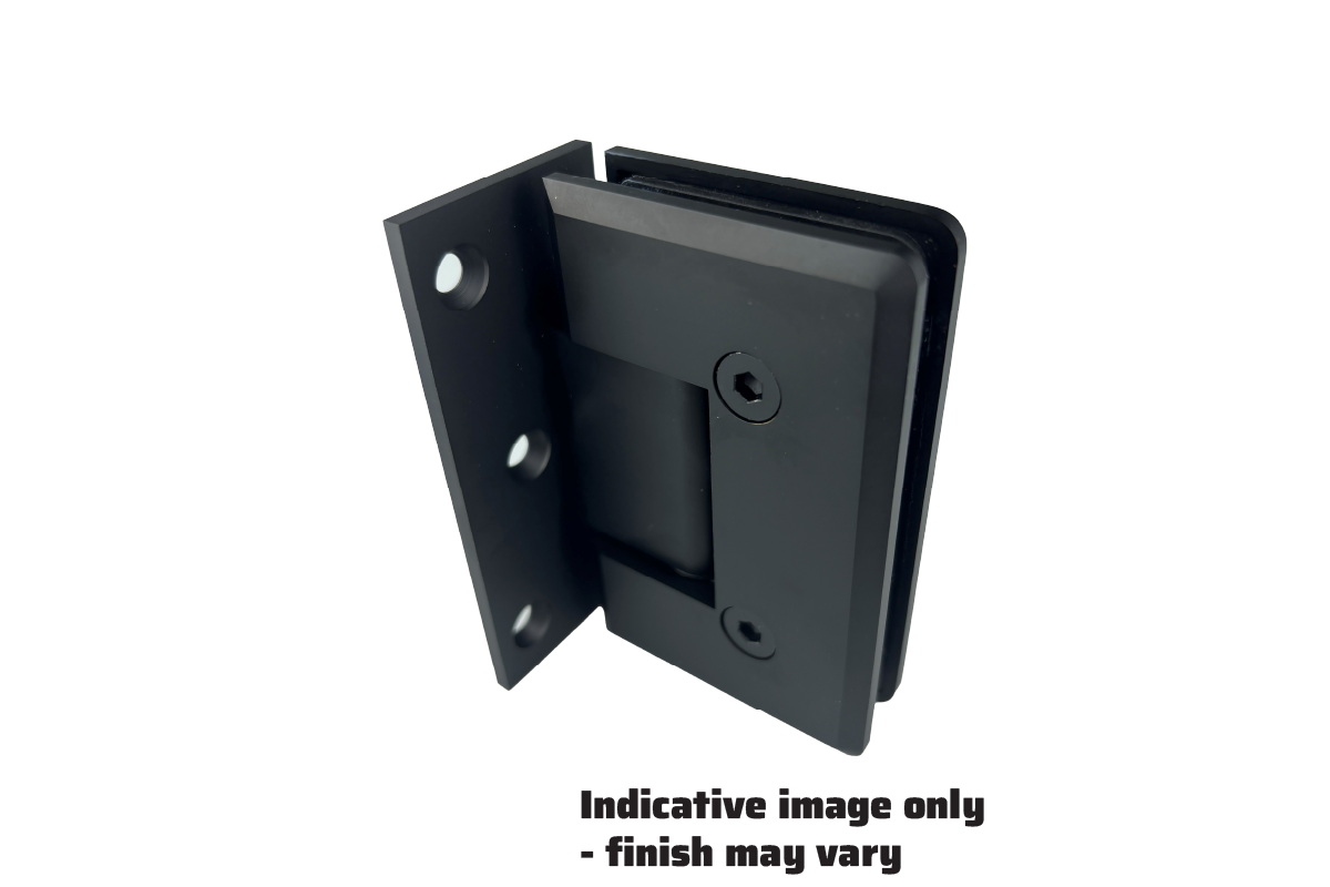 Indicative image of the product bevelled 90 degree glass to wall shower hinge in a matt black finish